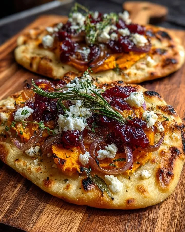Sweet potato flatbread with sage, caramelized onions, and cranberry sauce