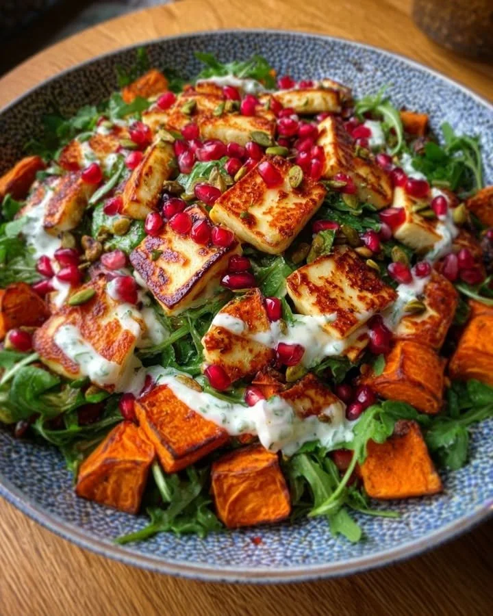 Sweet Potato Salad with Halloumi, Pomegranate, Arugula, and Mint Yogurt
