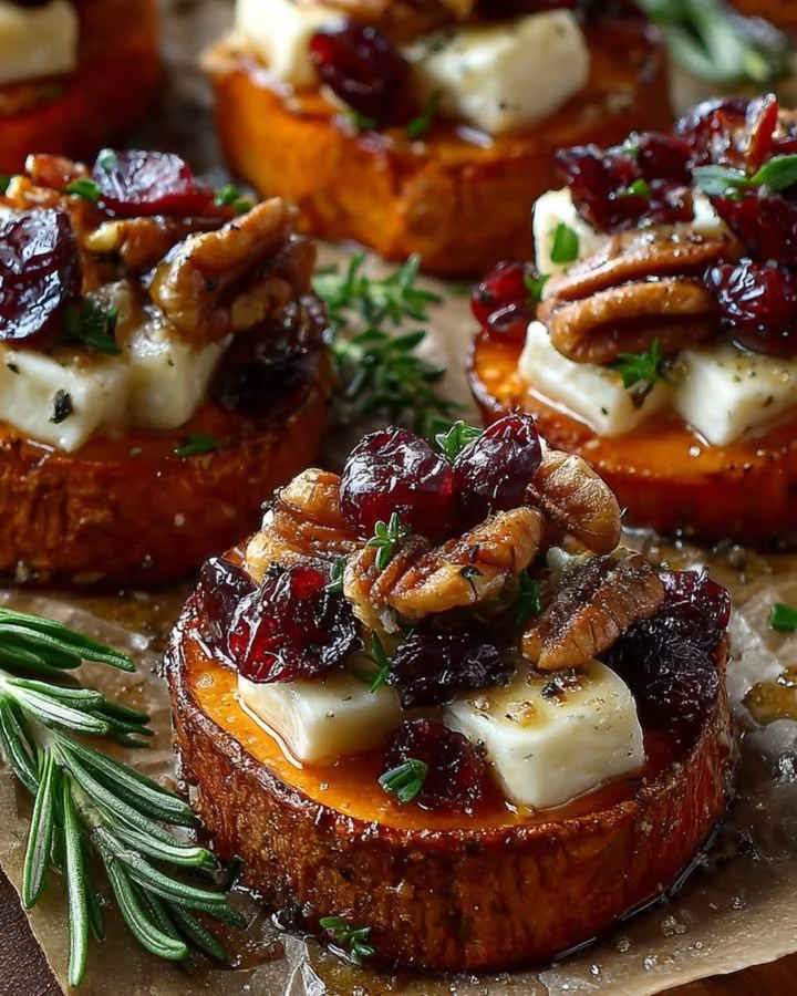 Sweet potato rounds topped with brie, cranberry, and pecans on a serving platter