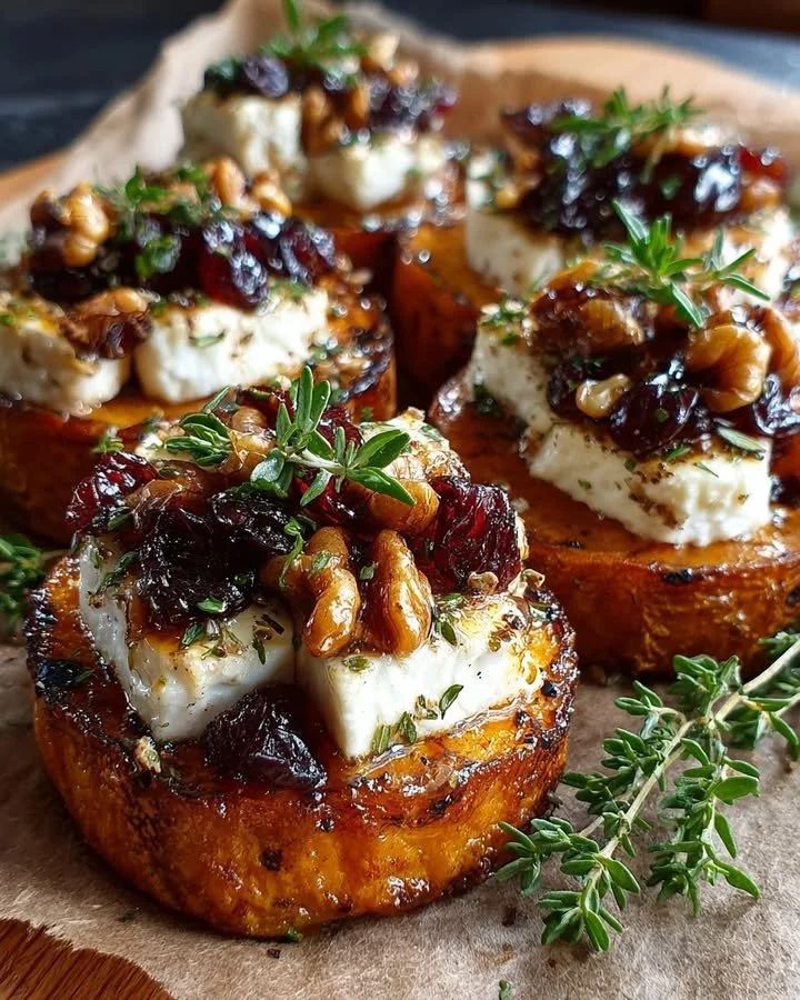Sweet potato rounds topped with brie, cranberry, and walnuts on a serving platter.