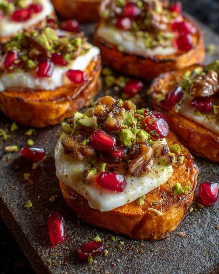 Sweet potato rounds topped with brie cheese, pomegranate seeds, and pistachios.