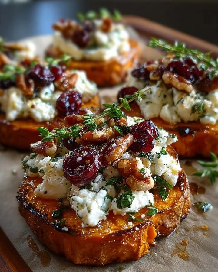Sweet potato rounds topped with goat cheese, cranberry, and pecans