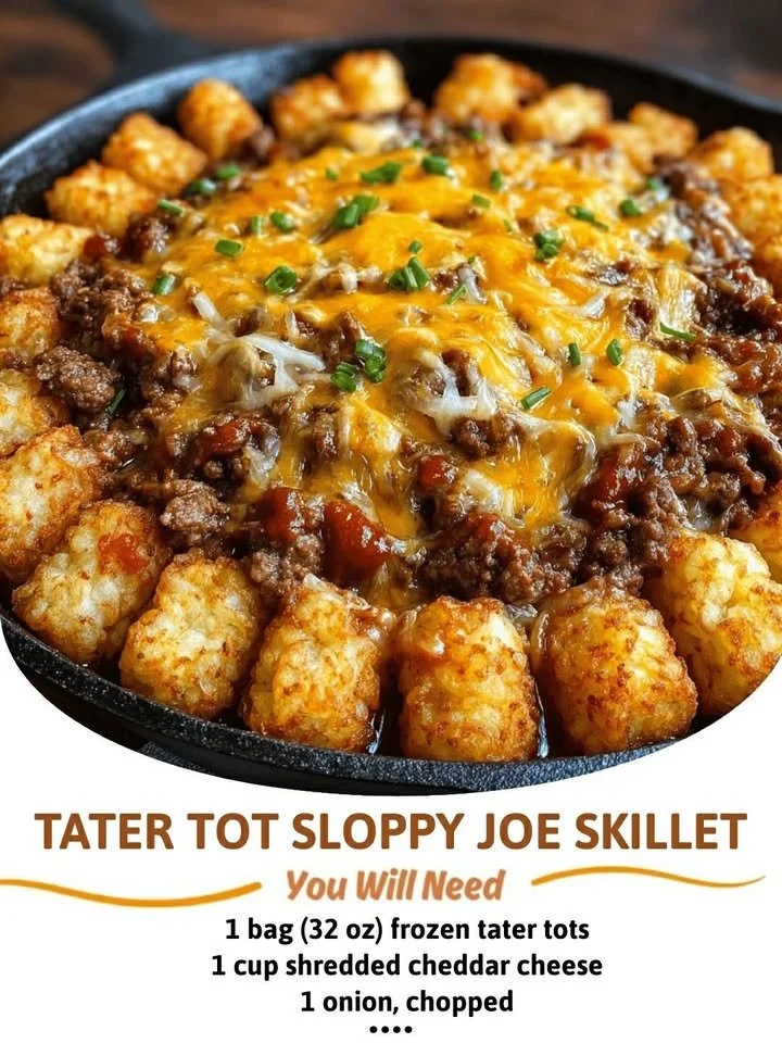 Tater Tot Sloppy Joe Skillet topped with melted cheese and garnished