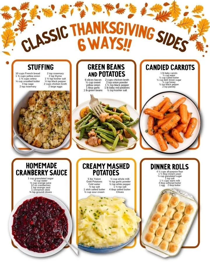 A variety of Thanksgiving side dishes on a festive table.