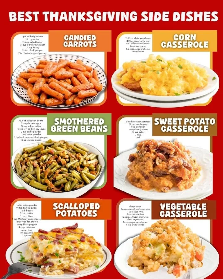 A variety of Thanksgiving side dishes including stuffing, mashed potatoes, and cranberry sauce.