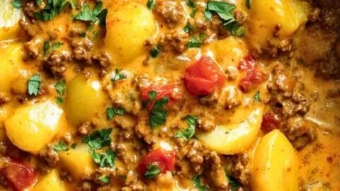 Delicious one pot ground beef and potatoes dish ready to serve