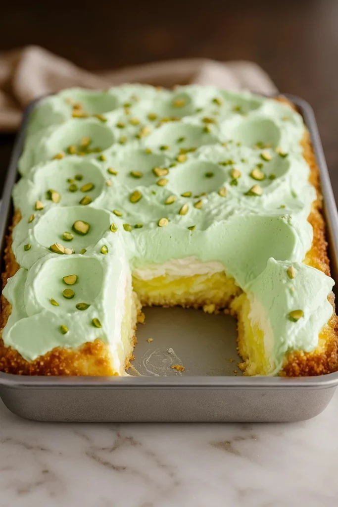 Tropical Pistachio Bliss Cake topped with coconut and fresh fruit slices.