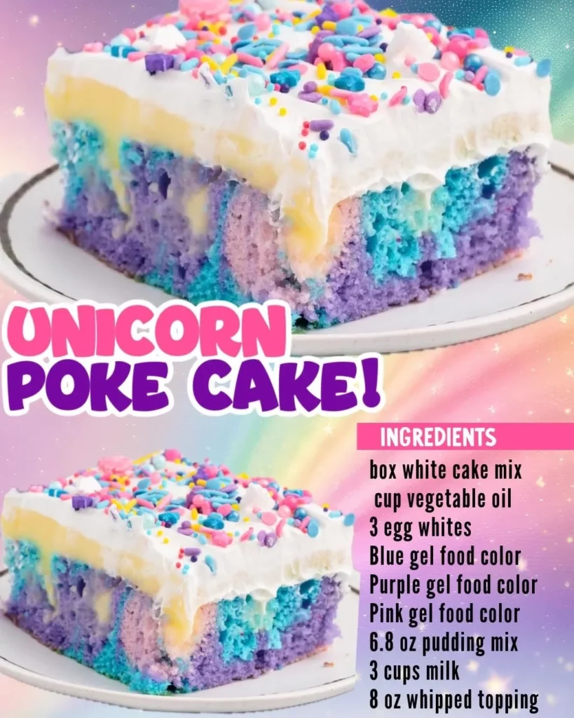 Colorful Unicorn Poke Cake topped with whipped cream and sprinkles