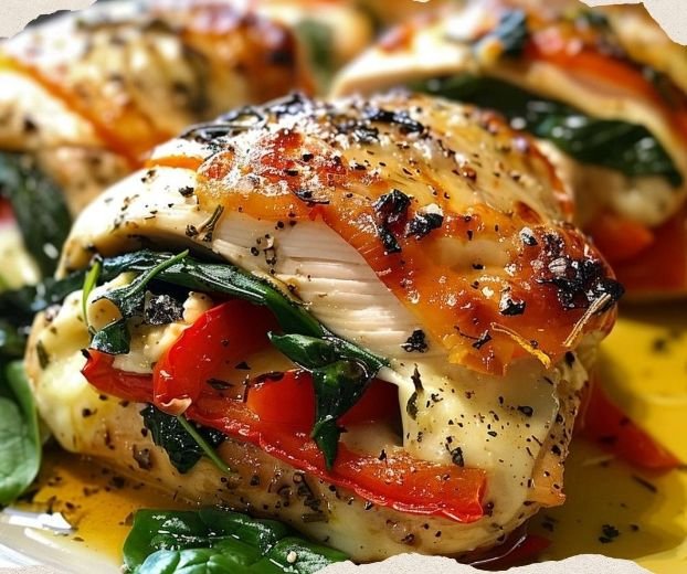 Roasted Red Pepper, Spinach, and Mozzarella Stuffed Chicken