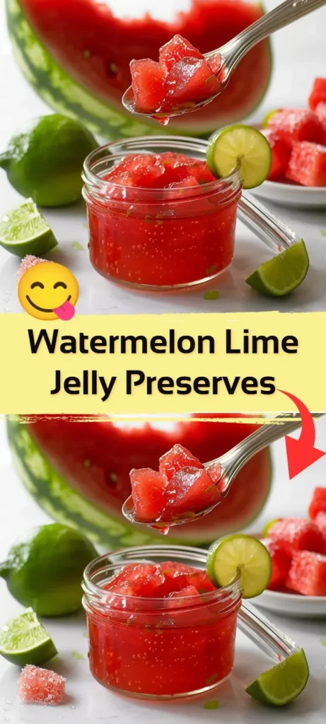Homemade Watermelon Lime Jelly preserves in a jar with fresh watermelon and lime slices.