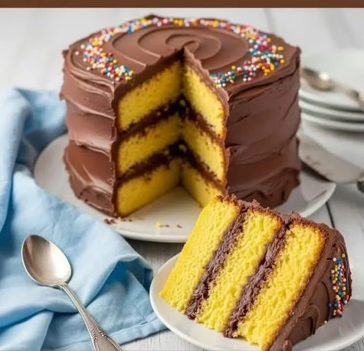 Delicious yellow cake with creamy chocolate frosting on a white plate
