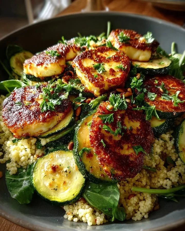 Zucchini salad with halloumi, couscous, and lemon dressing in a bowl
