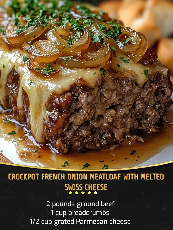 Crockpot French Onion Meatloaf with Melted Swiss Cheese