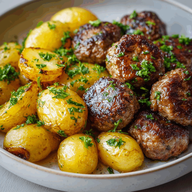 Garlic Butter Meatballs with Golden Roasted Potatoes
