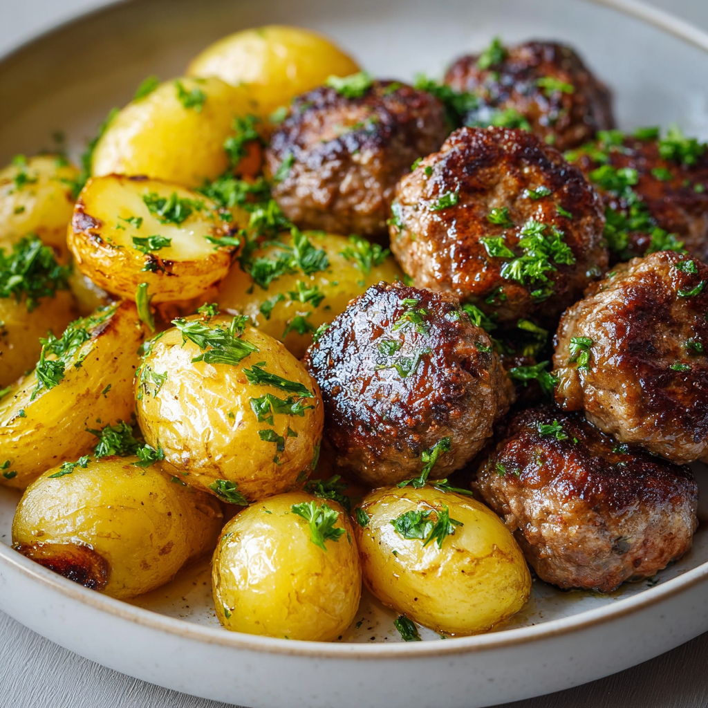 Garlic Butter Meatballs with Golden Roasted Potatoes