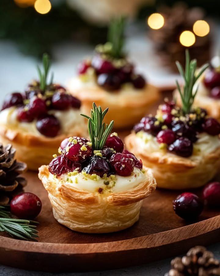 Brie & Cranberry Mini Wreath Tartlets with Pistachio Sparkle
