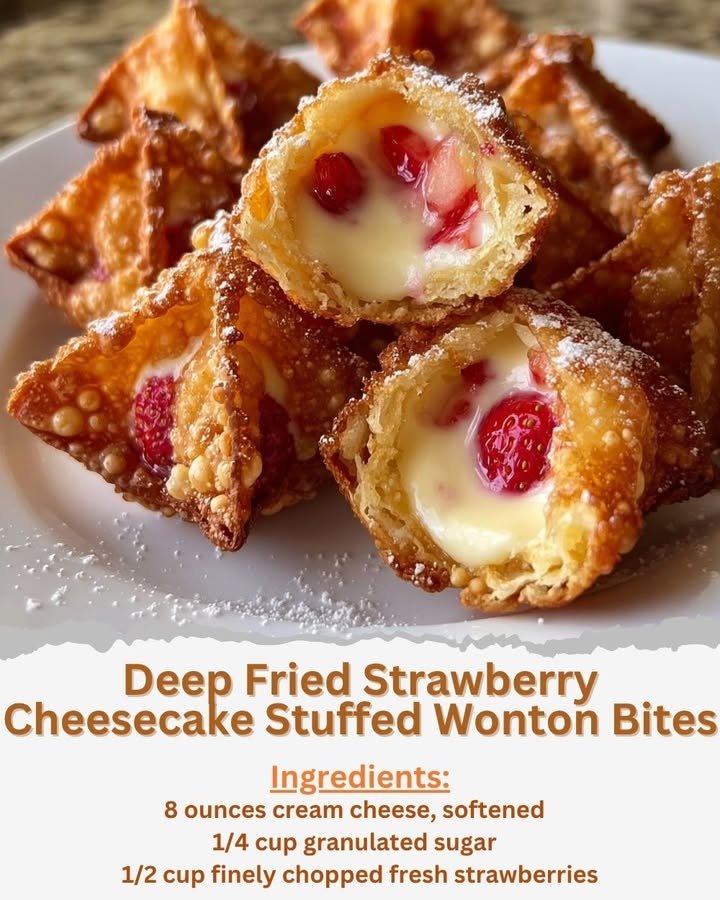 Deep Fried Strawberry Cheesecake Stuffed Wonton Bites