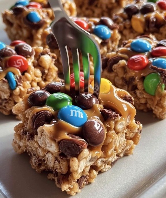 Peanut Butter Rice Krispie Treats with M&M's and Chocolate Chips