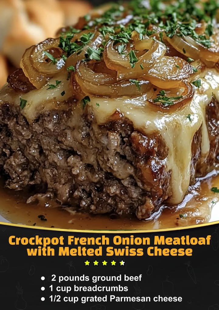 Crockpot French Onion Meatloaf with Melted Swiss Cheese