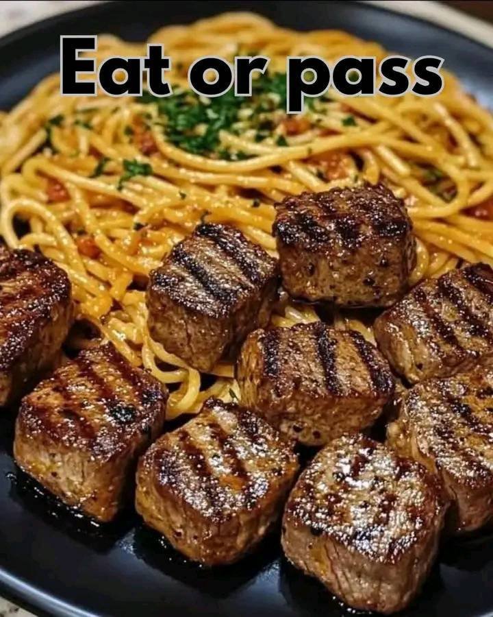 Garlic Butter Steak Bites with Creamy Spaghetti