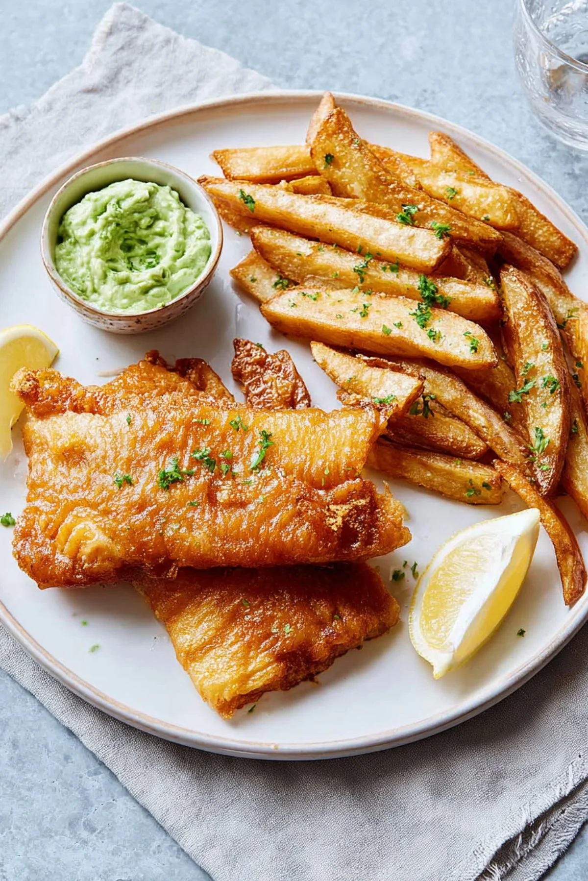 Crispy air-fried fish and chips served on a plate with lemon and tartar sauce