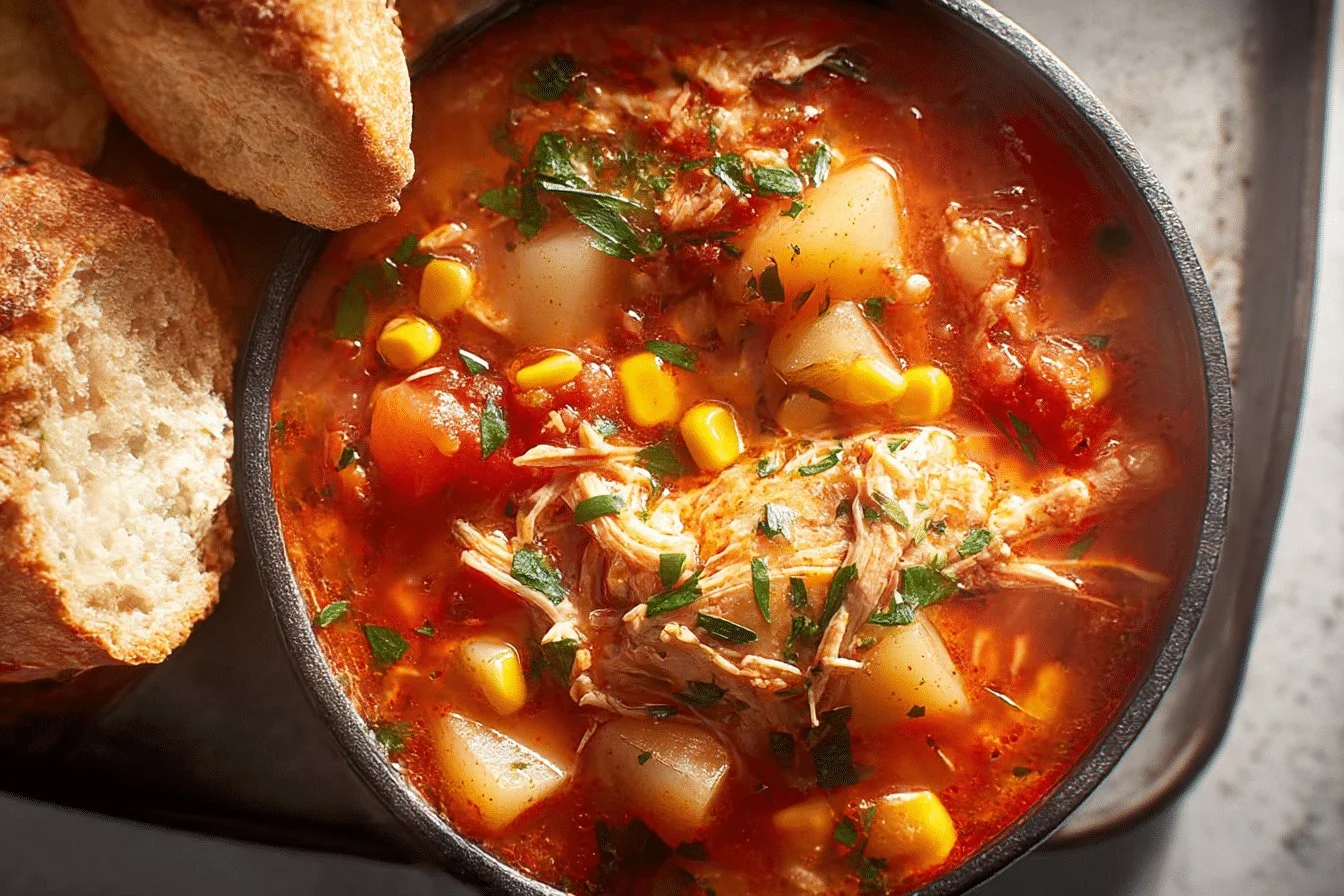 Delicious bowl of Alabama Chicken Stew with fresh herbs and vegetables
