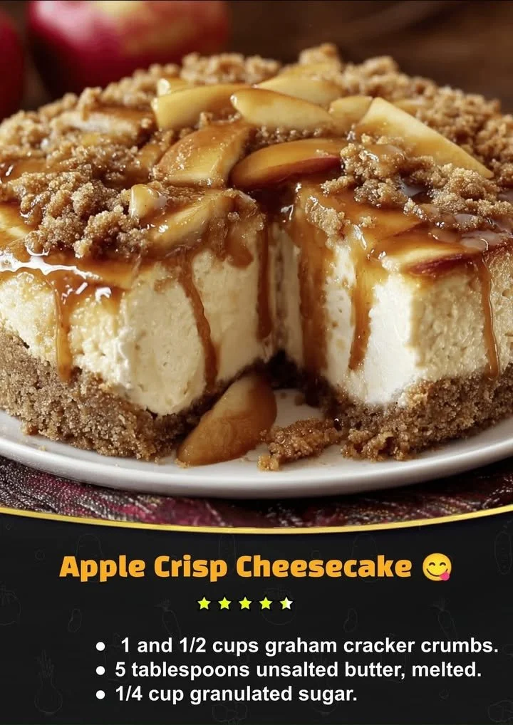 Slice of apple crisp cheesecake topped with caramel and apple slices