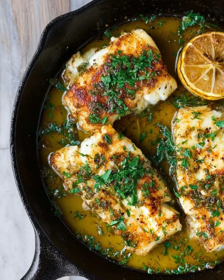 Baked cod fillets topped with lemon, garlic, and a spiced coating on a plate