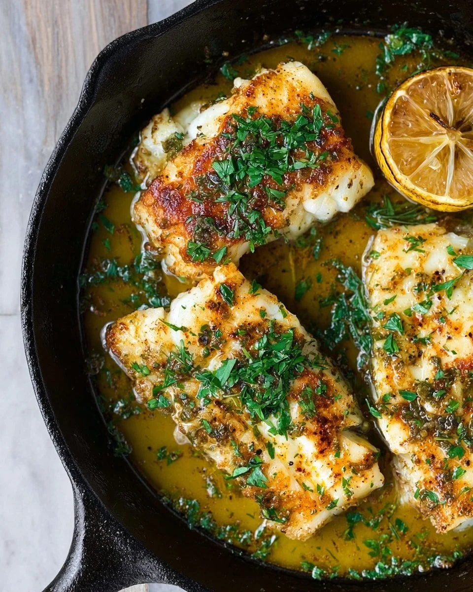 Baked cod fillets topped with lemon, garlic, and a spiced coating on a plate