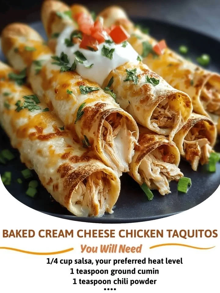 Baked Cream Cheese Chicken Taquitos served on a plate with dipping sauce