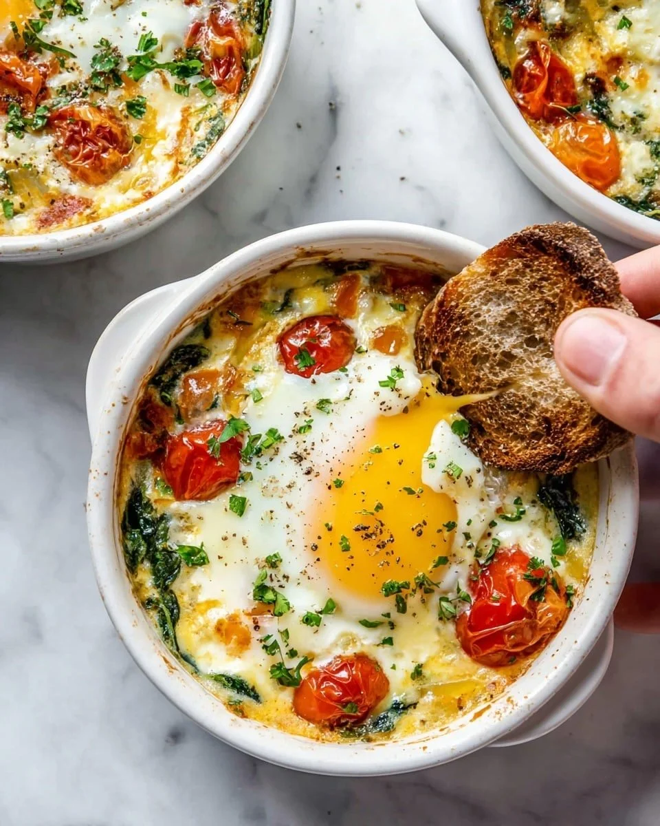 Baked feta eggs with cherry tomatoes and spinach served on a plate.