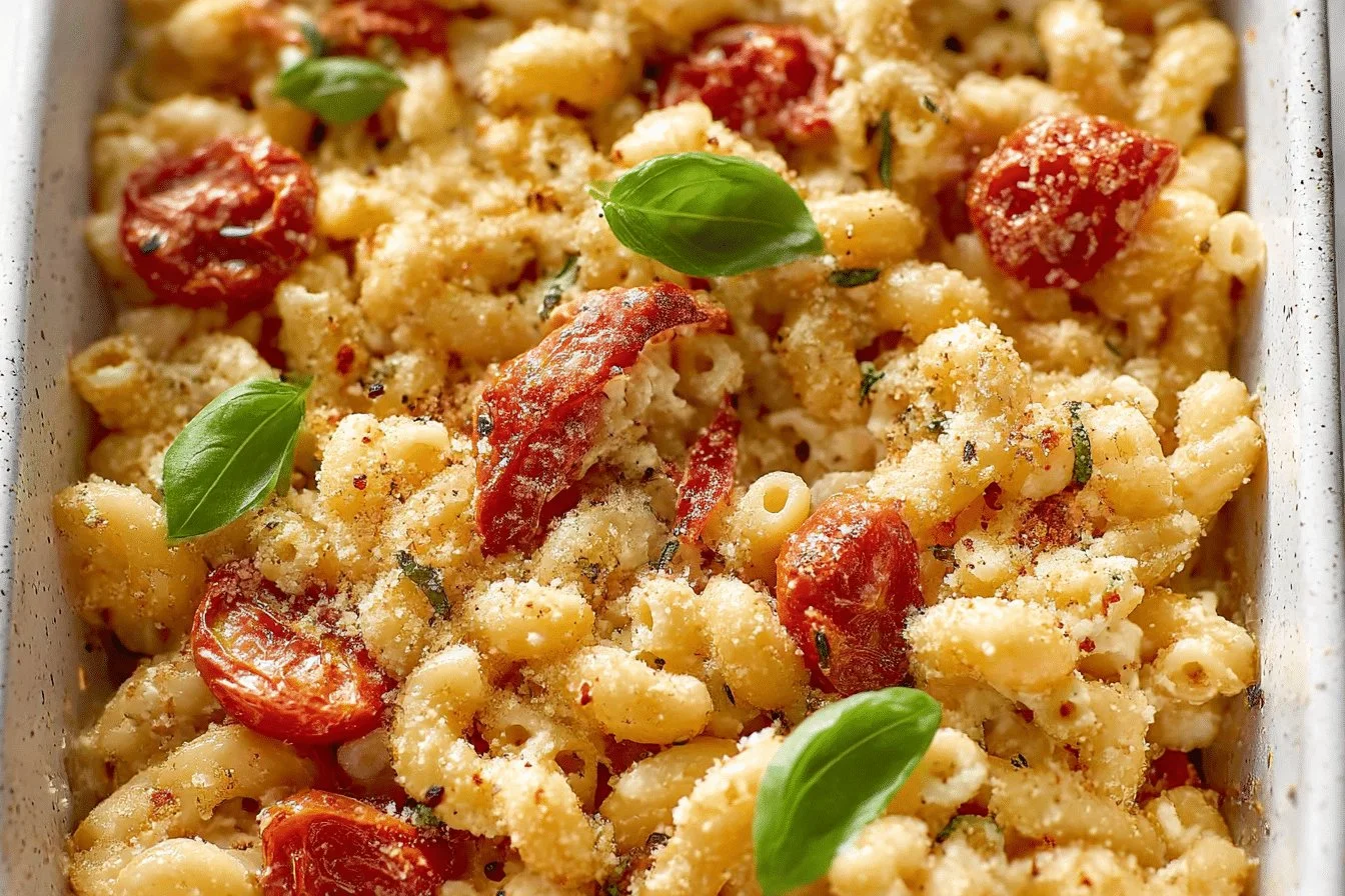 Delicious baked feta pasta topped with cherry tomatoes and basil