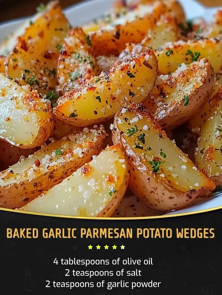 Baked Garlic Parmesan Potato Wedges served in a bowl, garnished with parsley
