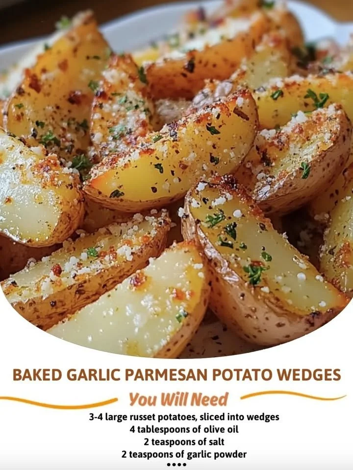 Baked Garlic Parmesan Potato Wedges garnished with herbs
