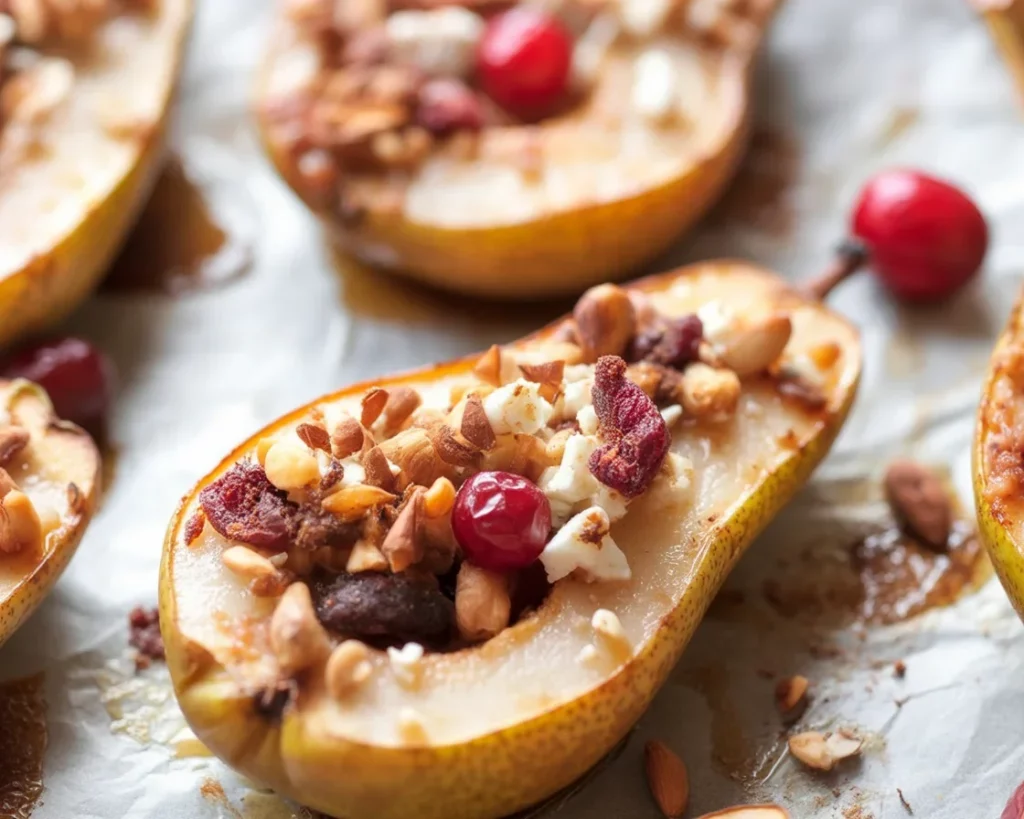 Baked Pears with Feta, Honey, and Cranberries served elegantly in a dish
