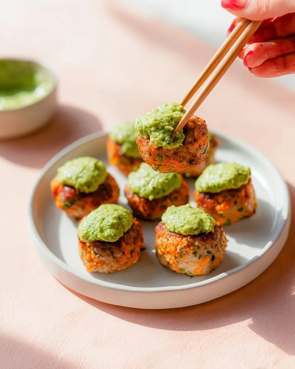 Baked salmon meatballs with avocado green goddess sauce on a plate