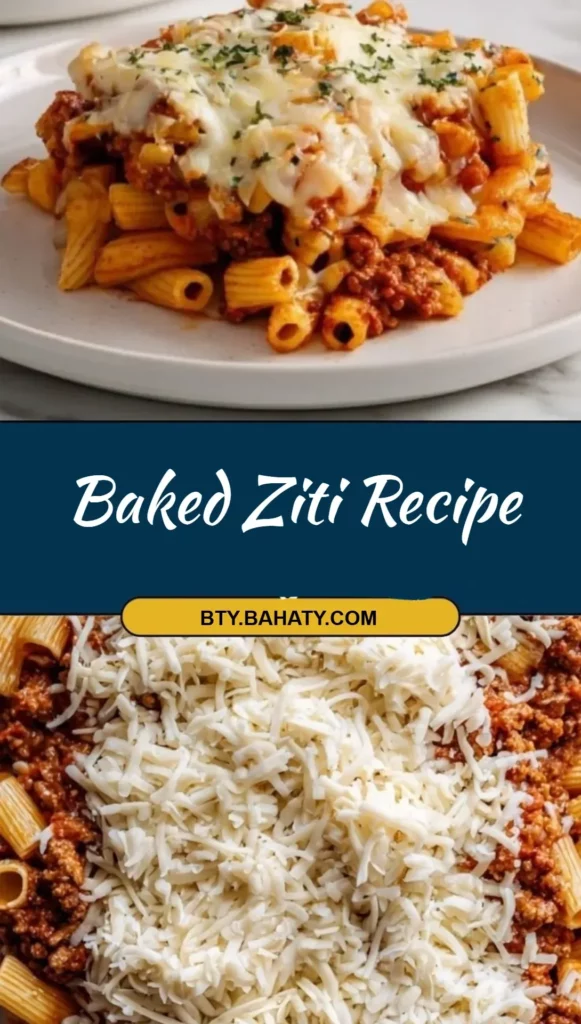 Delicious baked ziti served in a baking dish, topped with melted cheese and herbs.
