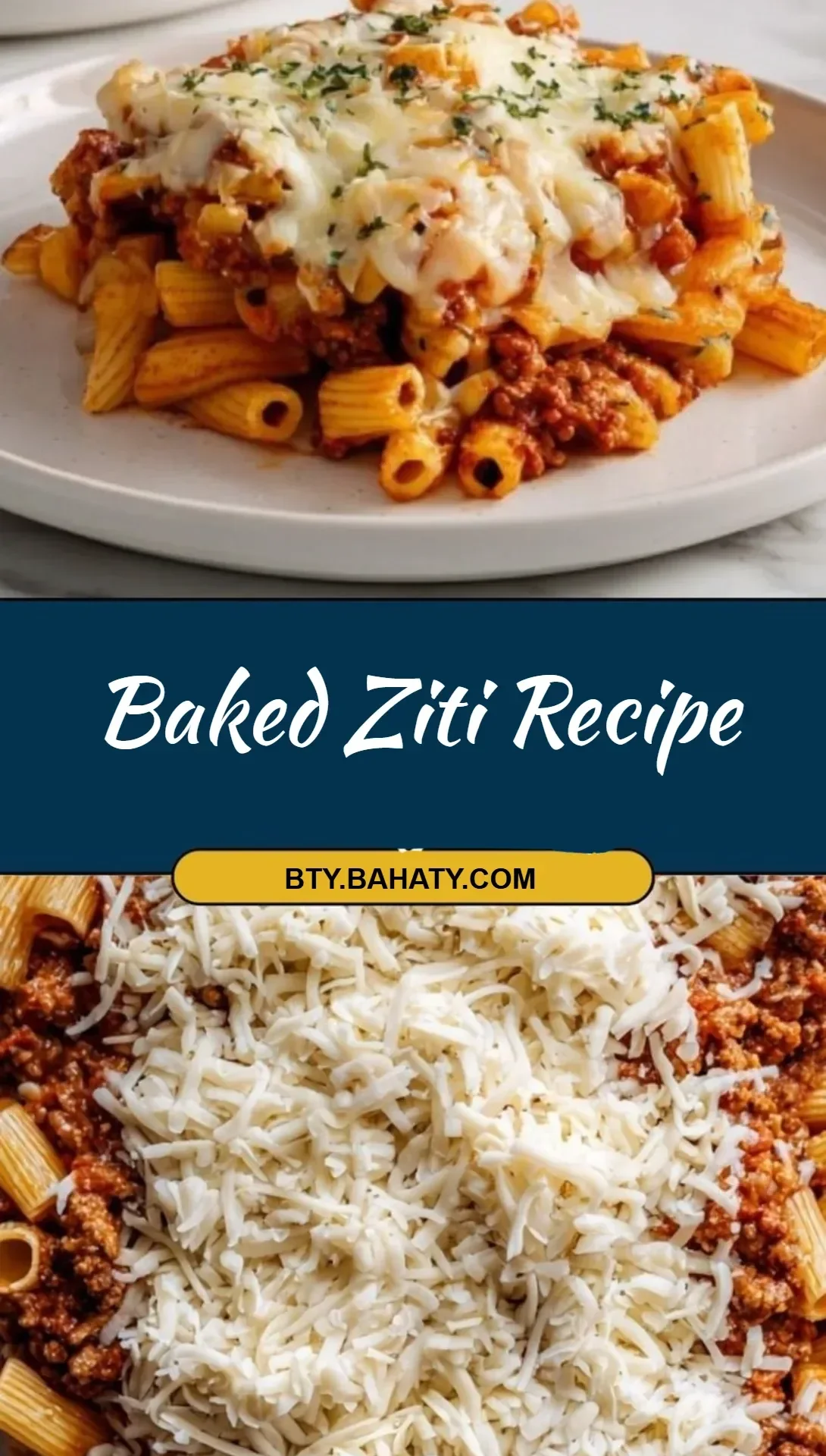 Delicious baked ziti served in a baking dish, topped with melted cheese and herbs.
