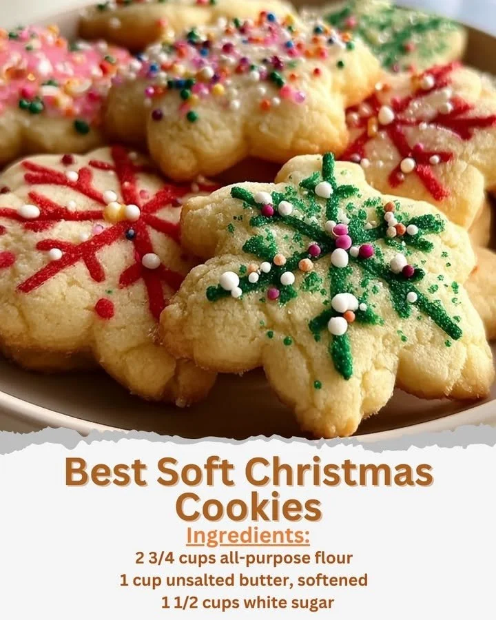 A plate of soft Christmas cookies decorated with icing and sprinkles