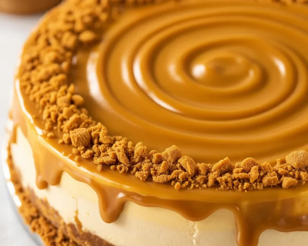 Delicious biscoff-caramel-cookie-butter-cheesecake topped with cookie butter drizzle.