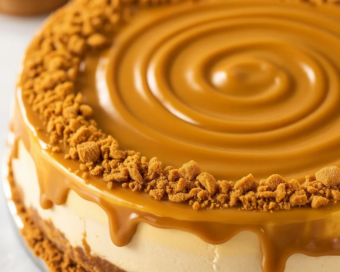 Delicious biscoff-caramel-cookie-butter-cheesecake topped with cookie butter drizzle.