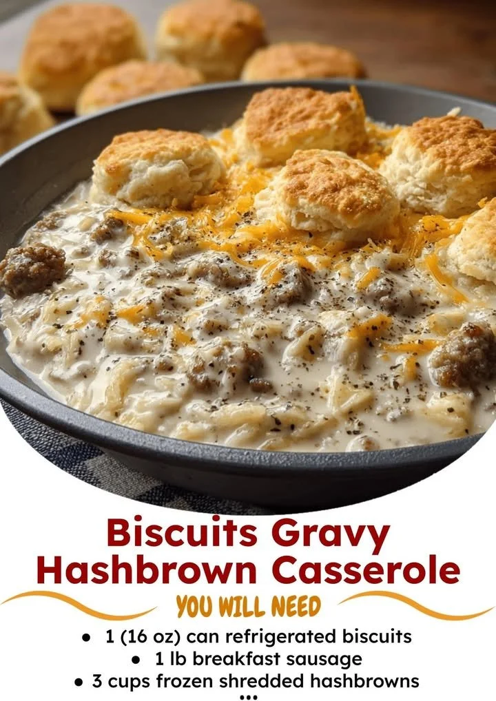Delicious biscuits gravy hashbrown casserole ready to serve for brunch