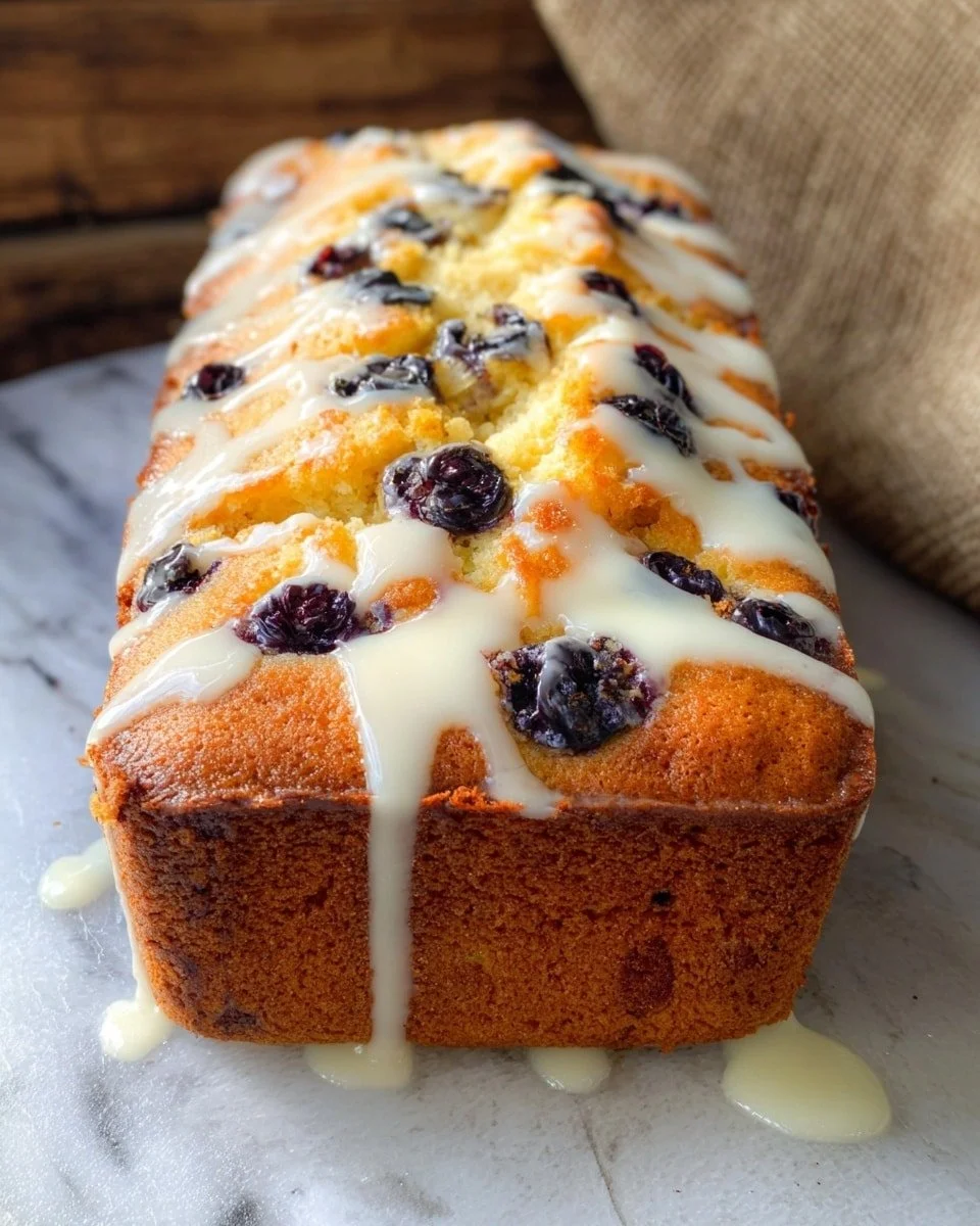 Delicious blueberry banana bread with vegan cream cheese frosting on a wooden table.
