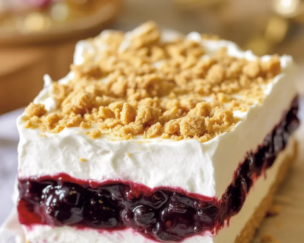 No bake blueberry delight dessert with creamy layers and graham cracker crust.