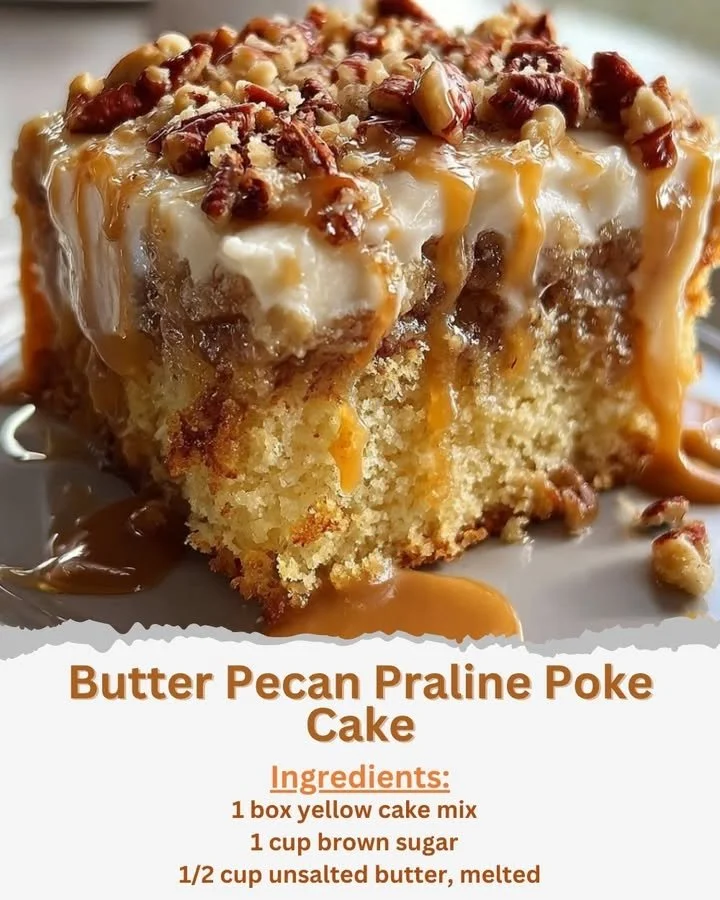 Delicious Butter Pecan Praline Poke Cake topped with pecans and caramel sauce