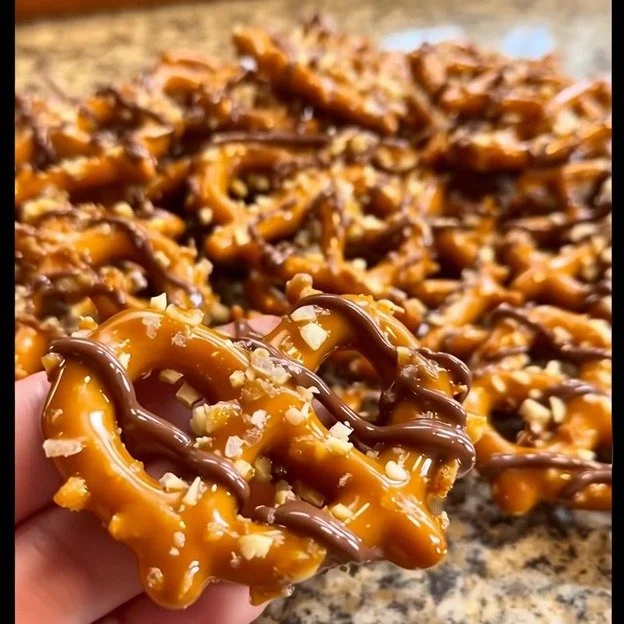 Delicious butter toffee pretzels covered in rich toffee glaze