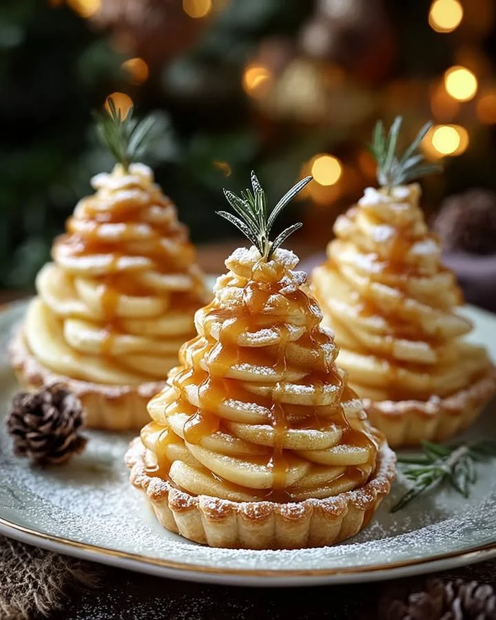 Festive Caramel Apple & Brie Christmas Tree Tartlets served on a holiday platter