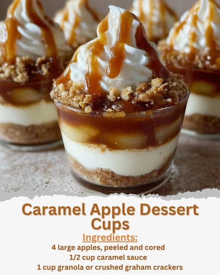 Decadent Caramel Apple Dessert Cups topped with fresh apples and caramel drizzle.