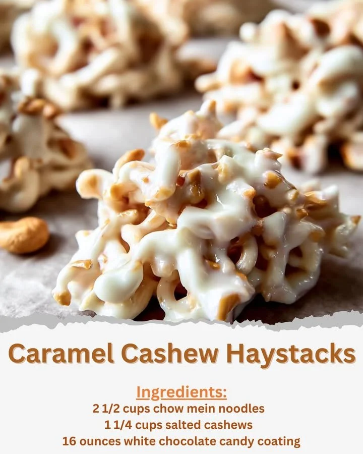 Delicious Caramel Cashew Haystacks topped with cashews and drizzled with caramel
