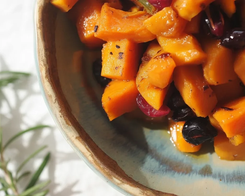 Caramelized Butternut Squash topped with Blue Cheese and Cranberry Maple Glaze.